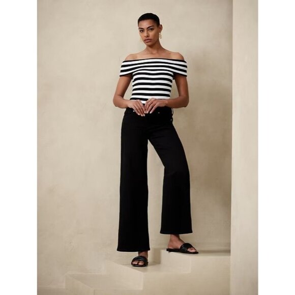 Banana Republic Off the Shoulder Nautical Stripe Knit Top Navy Blue White S - Picture 1 of 7